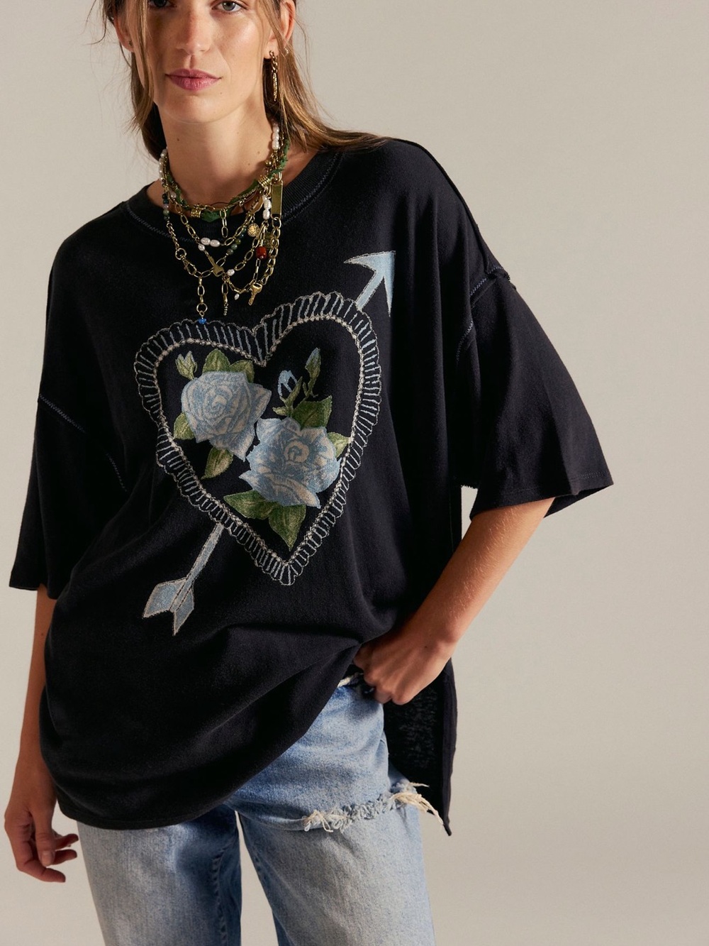 We The Free โจ Love Rose Black Floral Heart Graphic Oversized Tee